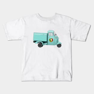 Vintage Cyan Italian Motorized Rikshaw with Italian Flag Sticker on the Door Kids T-Shirt